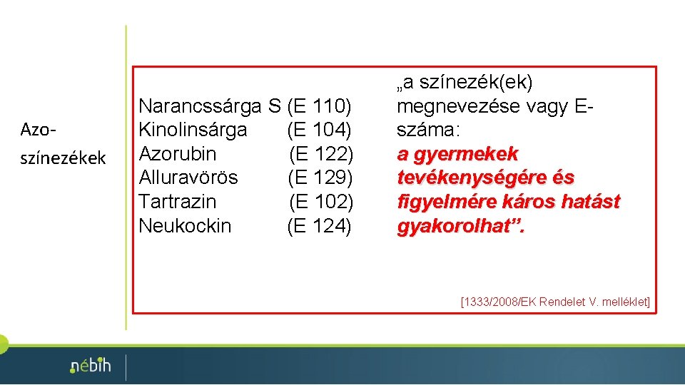 Azoszínezékek Narancssárga S (E 110) Kinolinsárga (E 104) Azorubin (E 122) Alluravörös (E 129) Azoszínezékek Narancssárga S (E 110) Kinolinsárga (E 104) Azorubin (E 122) Alluravörös (E 129)