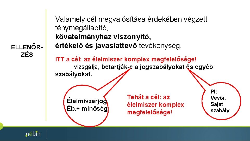 ELLENŐRZÉS Valamely cél megvalósítása érdekében végzett ténymegállapító, követelményhez viszonyító, értékelő és javaslattevő tevékenység. ITT