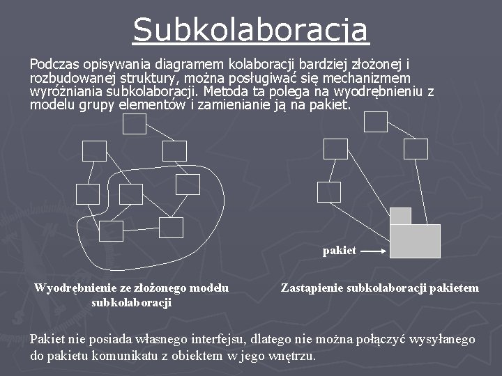 Subkolaboracja Podczas opisywania diagramem kolaboracji bardziej złożonej i rozbudowanej struktury, można posługiwać się mechanizmem