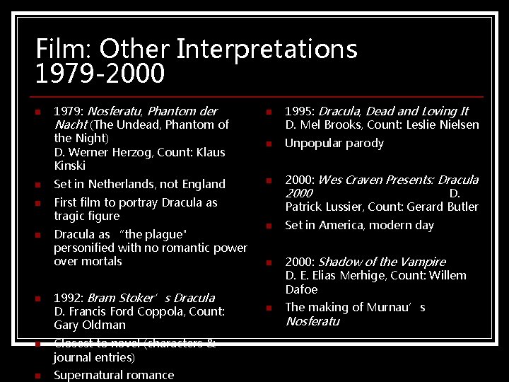 Film: Other Interpretations 1979 -2000 n 1979: Nosferatu, Phantom der Nacht (The Undead, Phantom Film: Other Interpretations 1979 -2000 n 1979: Nosferatu, Phantom der Nacht (The Undead, Phantom