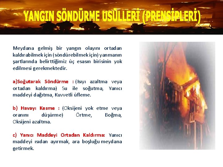 Meydana gelmiş bir yangın olayını ortadan kaldırabilmek için (söndürebilmek için) yanmanın şartlarında belirttiğimiz üç