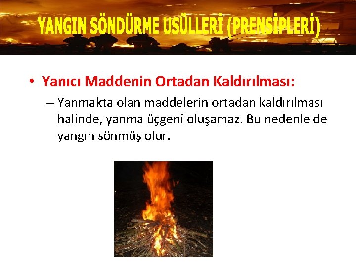  • Yanıcı Maddenin Ortadan Kaldırılması: – Yanmakta olan maddelerin ortadan kaldırılması halinde, yanma