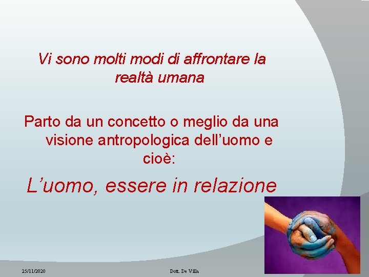 Vi sono molti modi di affrontare la realtà umana Parto da un concetto o