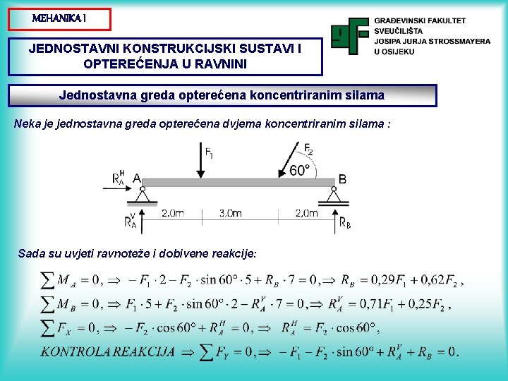 MEHANIKA I JEDNOSTAVNI KONSTRUKCIJSKI SUSTAVI I OPTEREĆENJA U RAVNINI Jednostavna greda opterećena koncentriranim silama