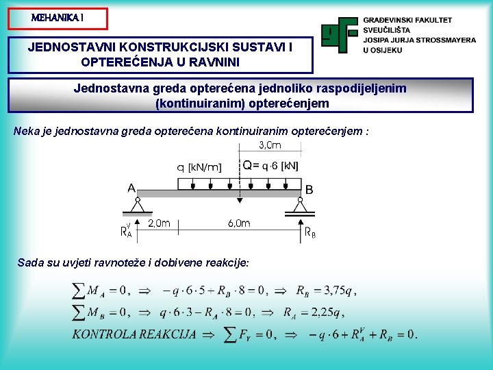 MEHANIKA I JEDNOSTAVNI KONSTRUKCIJSKI SUSTAVI I OPTEREĆENJA U RAVNINI Jednostavna greda opterećena jednoliko raspodijeljenim