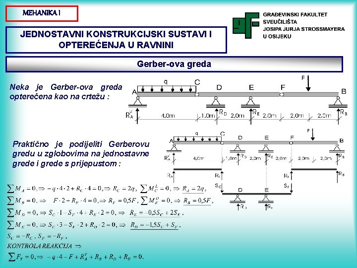 MEHANIKA I JEDNOSTAVNI KONSTRUKCIJSKI SUSTAVI I OPTEREĆENJA U RAVNINI Gerber-ova greda Neka je Gerber-ova