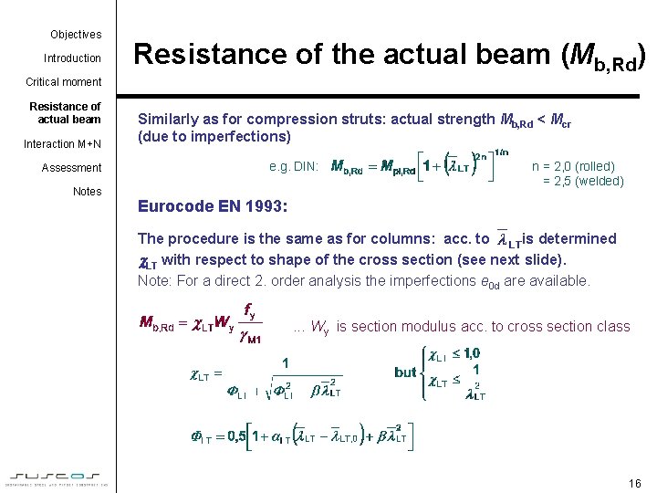 Objectives Introduction Resistance of the actual beam (Mb, Rd) Critical moment Resistance of actual