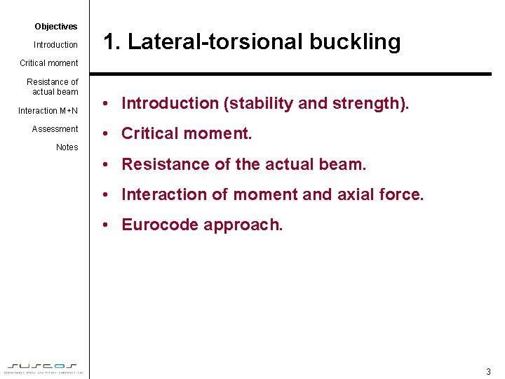 Objectives Introduction 1. Lateral-torsional buckling Critical moment Resistance of actual beam Interaction M+N Assessment