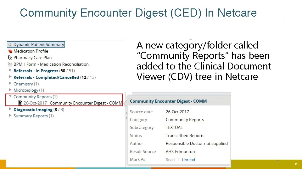 Community Encounter Digest (CED) In Netcare A new category/folder called “Community Reports” has been Community Encounter Digest (CED) In Netcare A new category/folder called “Community Reports” has been