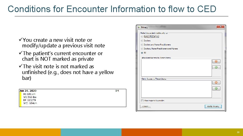 Conditions for Encounter Information to flow to CED üYou create a new visit note Conditions for Encounter Information to flow to CED üYou create a new visit note