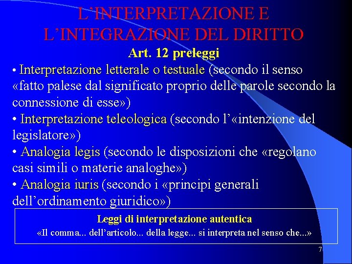 L’INTERPRETAZIONE E L’INTEGRAZIONE DEL DIRITTO Art. 12 preleggi • Interpretazione letterale o testuale (secondo