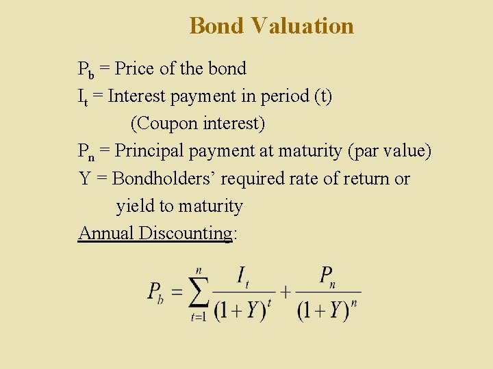 Bond Valuation Pb = Price of the bond It = Interest payment in period