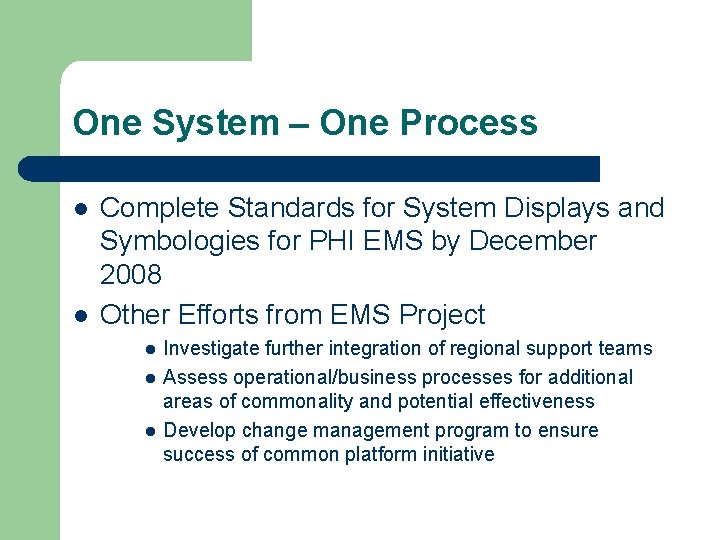 One System – One Process l l Complete Standards for System Displays and Symbologies