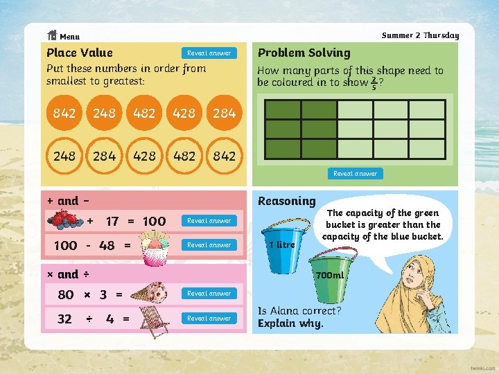 Summer 2 Thursday Menu Place Value Reveal answer Put these numbers in order from