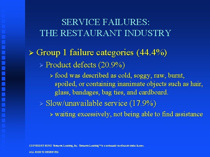 SERVICE FAILURES: THE RESTAURANT INDUSTRY Ø Group 1 failure categories (44. 4%) Ø Product