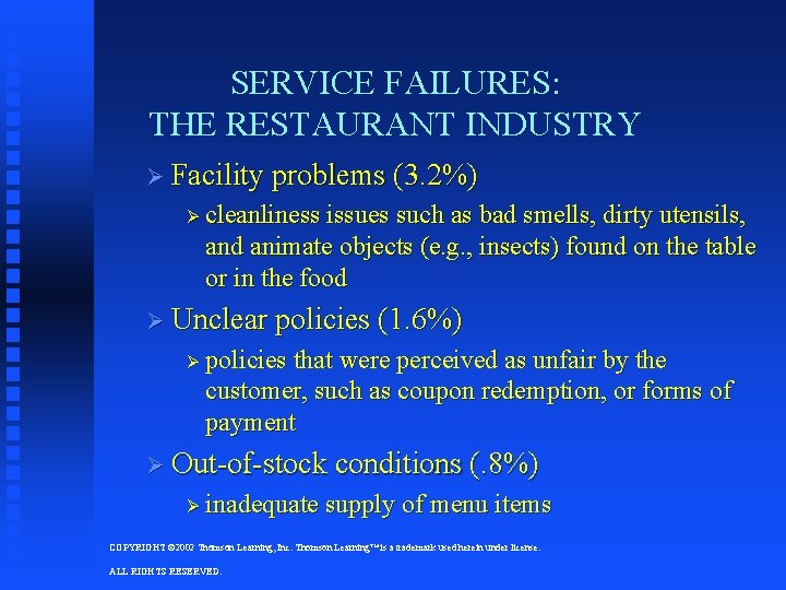 SERVICE FAILURES: THE RESTAURANT INDUSTRY Ø Facility problems (3. 2%) Ø cleanliness issues such