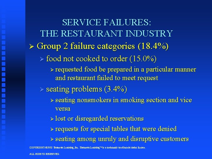 SERVICE FAILURES: THE RESTAURANT INDUSTRY Ø Group 2 failure categories (18. 4%) Ø food