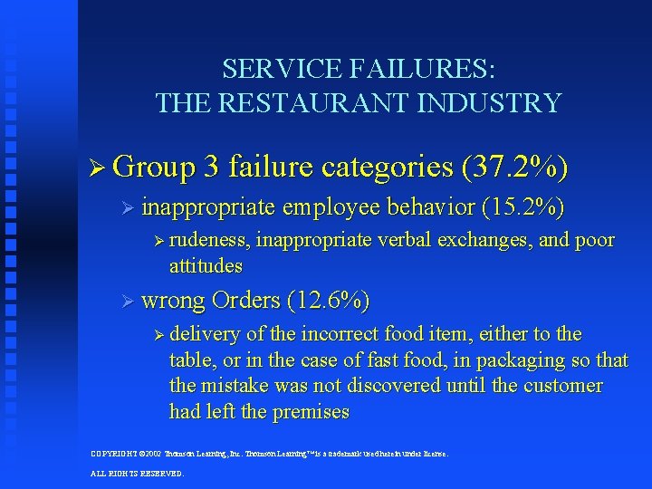 SERVICE FAILURES: THE RESTAURANT INDUSTRY Ø Group 3 failure categories (37. 2%) Ø inappropriate