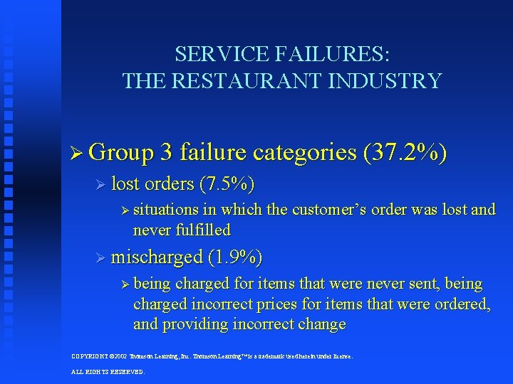SERVICE FAILURES: THE RESTAURANT INDUSTRY Ø Group 3 failure categories (37. 2%) Ø lost