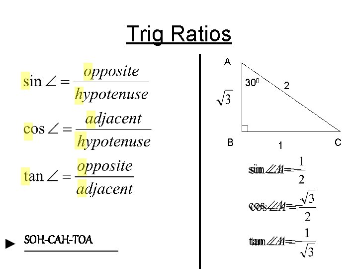 Trig Ratios A 300 B ► SOH-CAH-TOA ______ 2 1 C 
