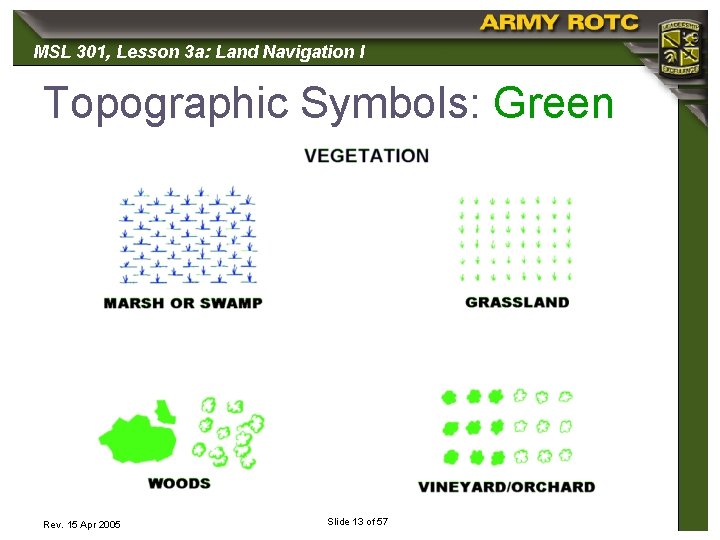 MSL 301, 301 Lesson 3 a: Land Navigation I Topographic Symbols: Green Rev. 15
