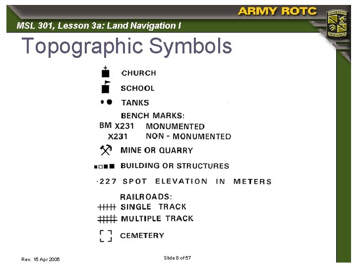 MSL 301, 301 Lesson 3 a: Land Navigation I Topographic Symbols Rev. 15 Apr