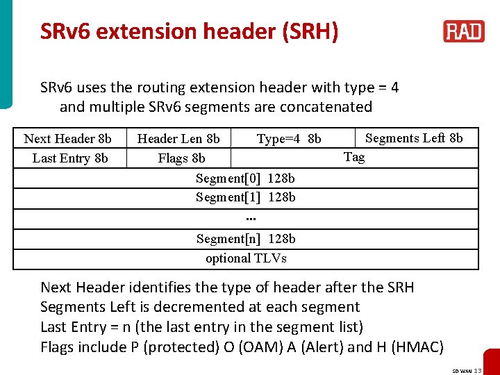 SRv 6 extension header (SRH) SRv 6 uses the routing extension header with type