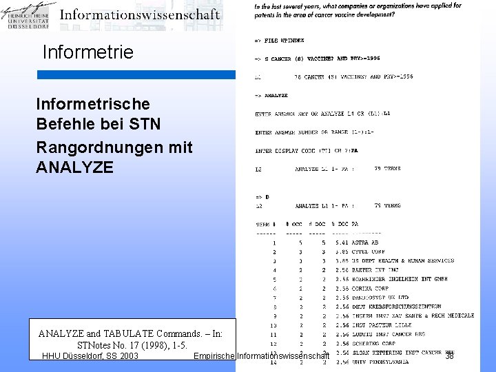 Informetrie Informetrische Befehle bei STN Rangordnungen mit ANALYZE and TABULATE Commands. – In: STNotes