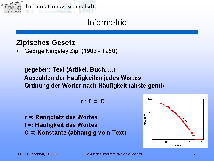 Informetrie Zipfsches Gesetz • George Kingsley Zipf (1902 - 1950) gegeben: Text (Artikel, Buch,