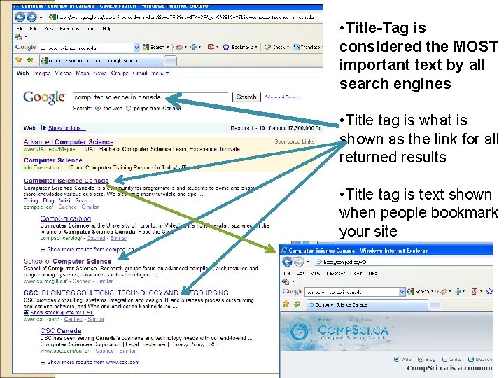 • Title-Tag is considered the MOST important text by all search engines • • Title-Tag is considered the MOST important text by all search engines •