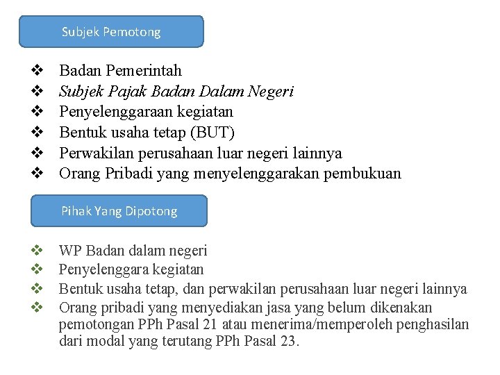 Subjek Pemotong v v v Badan Pemerintah Subjek Pajak Badan Dalam Negeri Penyelenggaraan kegiatan