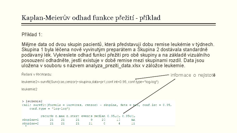 Kaplan-Meierův odhad funkce přežití - příklad Příklad 1: Mějme data od dvou skupin pacientů,