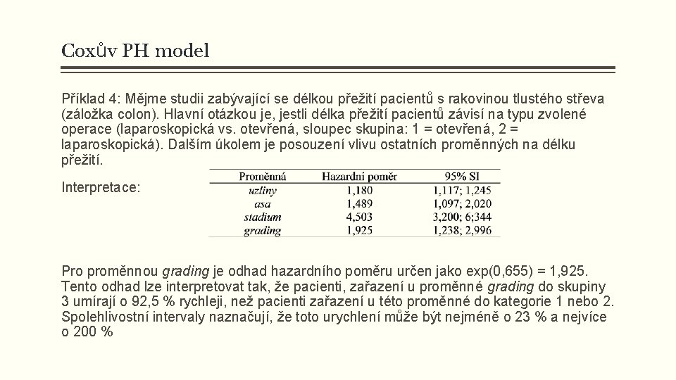 Coxův PH model Příklad 4: Mějme studii zabývající se délkou přežití pacientů s rakovinou