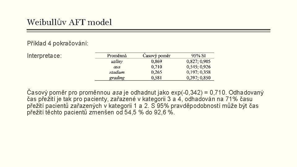 Weibullův AFT model Příklad 4 pokračování: Interpretace: Časový poměr proměnnou asa je odhadnut jako