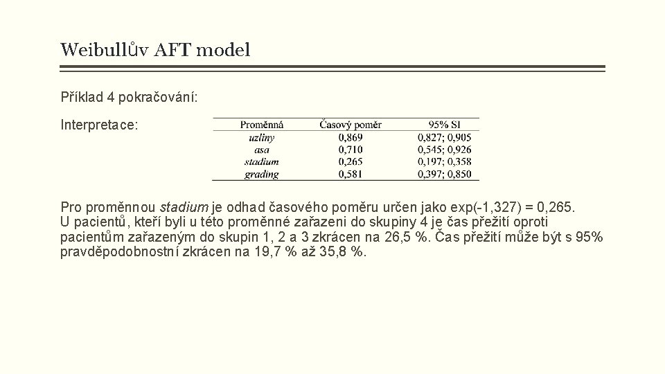 Weibullův AFT model Příklad 4 pokračování: Interpretace: Pro proměnnou stadium je odhad časového poměru