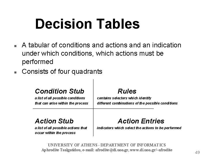 Decision Tables n n A tabular of conditions and actions and an indication under