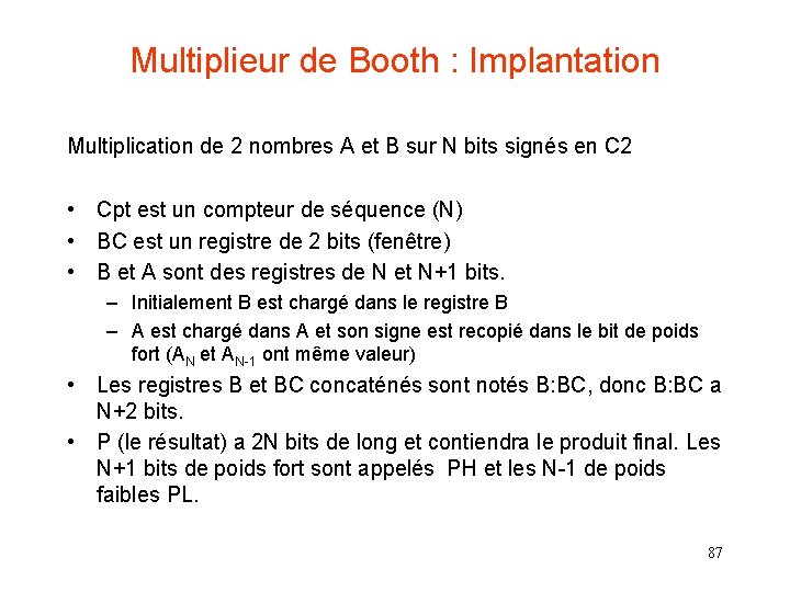 Multiplieur de Booth : Implantation Multiplication de 2 nombres A et B sur N