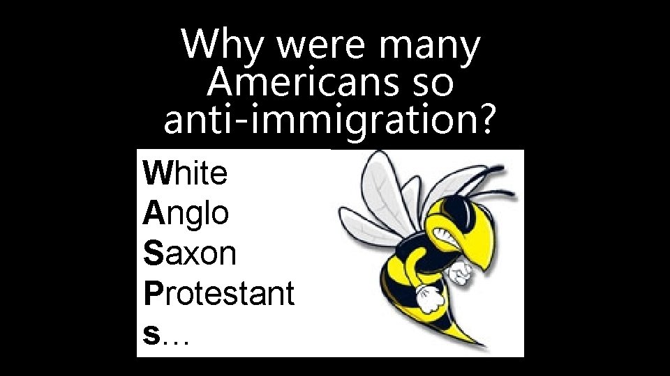 Why were many Americans so anti-immigration? White Anglo Saxon Protestant s… 