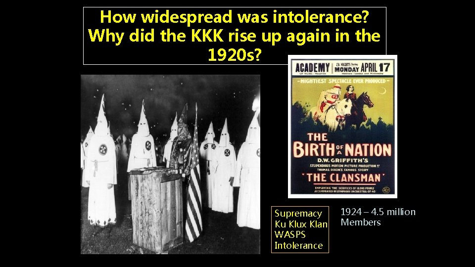 How widespread was intolerance? Why did the KKK rise up again in the 1920