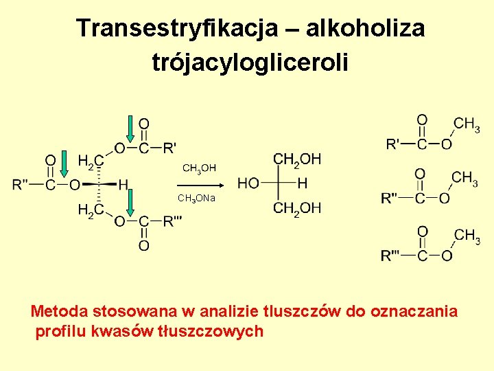 Transestryfikacja – alkoholiza trójacylogliceroli CH 3 ONa Metoda stosowana w analizie tluszczów do oznaczania