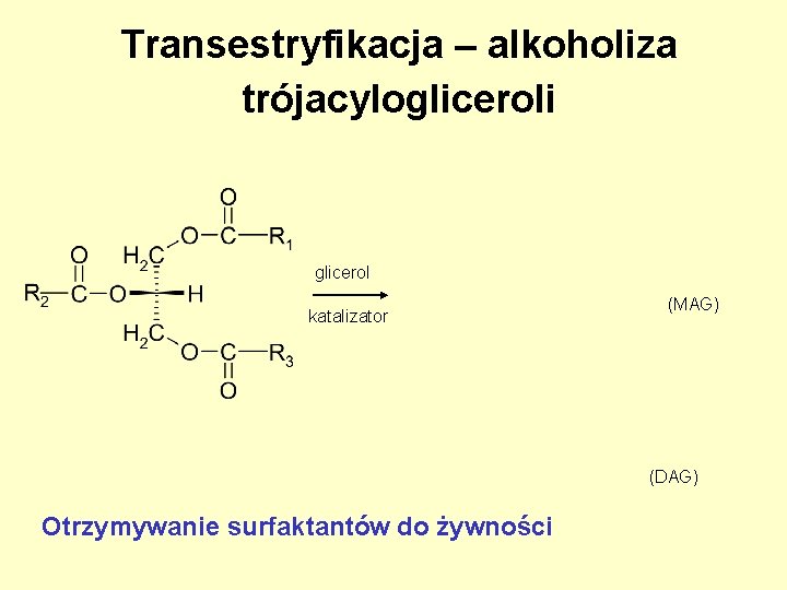 Transestryfikacja – alkoholiza trójacylogliceroli glicerol katalizator (MAG) (DAG) Otrzymywanie surfaktantów do żywności 