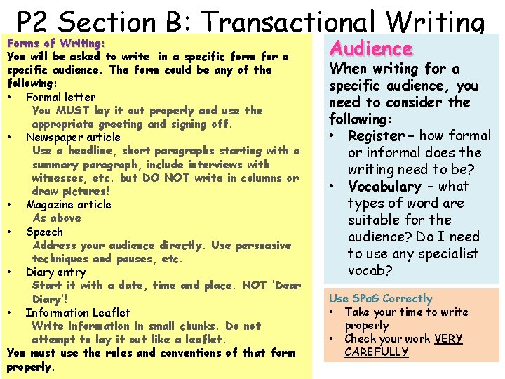 P 2 Section B: Transactional Writing Forms of Writing: You will be asked to