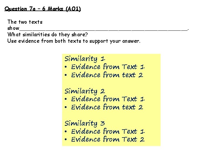 Question 7 a – 6 Marks (AO 1) The two texts show__________________________. What similarities