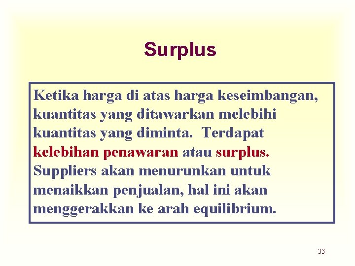 Surplus Ketika harga di atas harga keseimbangan, kuantitas yang ditawarkan melebihi kuantitas yang diminta.