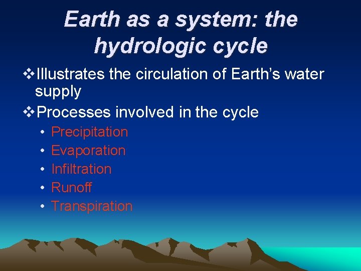 Earth as a system: the hydrologic cycle v. Illustrates the circulation of Earth’s water Earth as a system: the hydrologic cycle v. Illustrates the circulation of Earth’s water