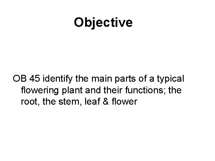 Objective OB 45 identify the main parts of a typical flowering plant and their