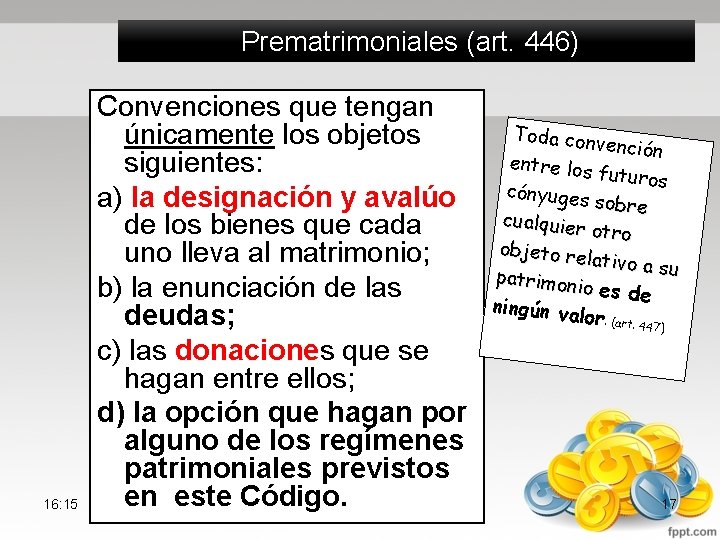  Prematrimoniales (art. 446) 16: 15 Convenciones que tengan únicamente los objetos siguientes: a)