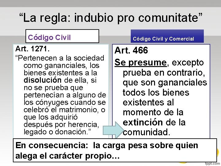 “La regla: indubio pro comunitate” Código Civil Art. 1271. “Pertenecen a la sociedad como