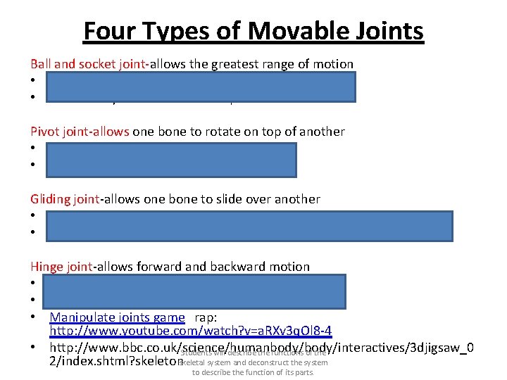 Four Types of Movable Joints Ball and socket joint-allows the greatest range of motion