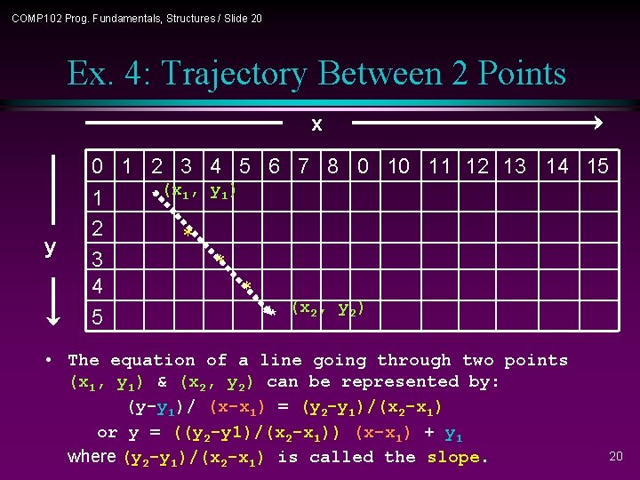 COMP 102 Prog. Fundamentals, Structures / Slide 20 Ex. 4: Trajectory Between 2 Points